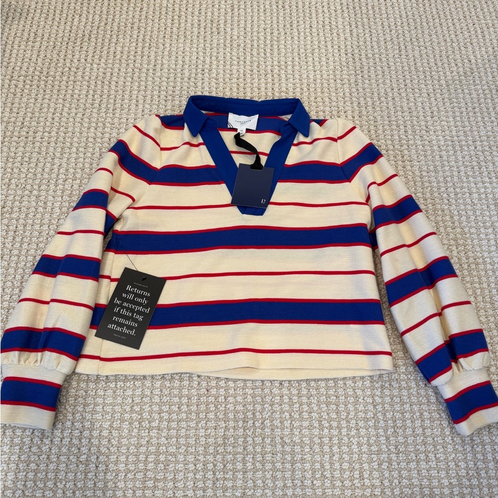 Pomander Place Cream Polo with Blue and Red Stripes